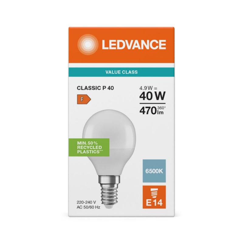 Ledvance E14 LED Tropfenlampe Classic matt 4,9W wie 40W 6500K Tageslichtweiß - Value Class